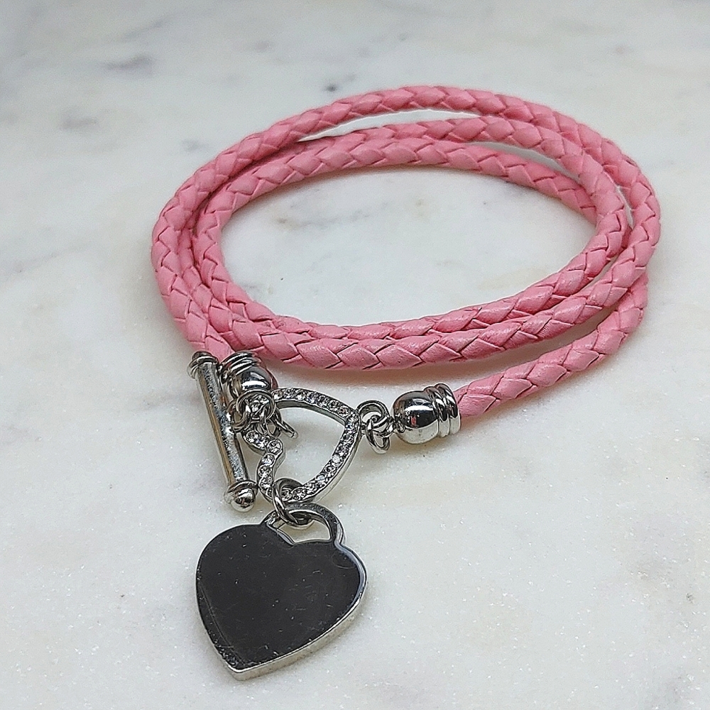 Pink Leather Wrap Bracelet with Heart Charm